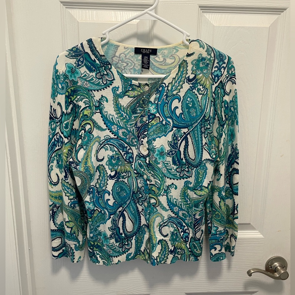 Chaps Teal, Aqua & Green Paisley Button Cardigan